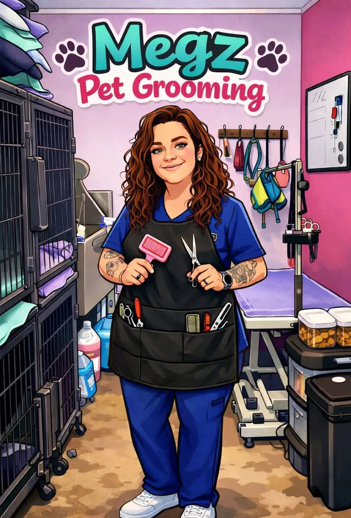 Illustrated portrait of Megz in her grooming suite
